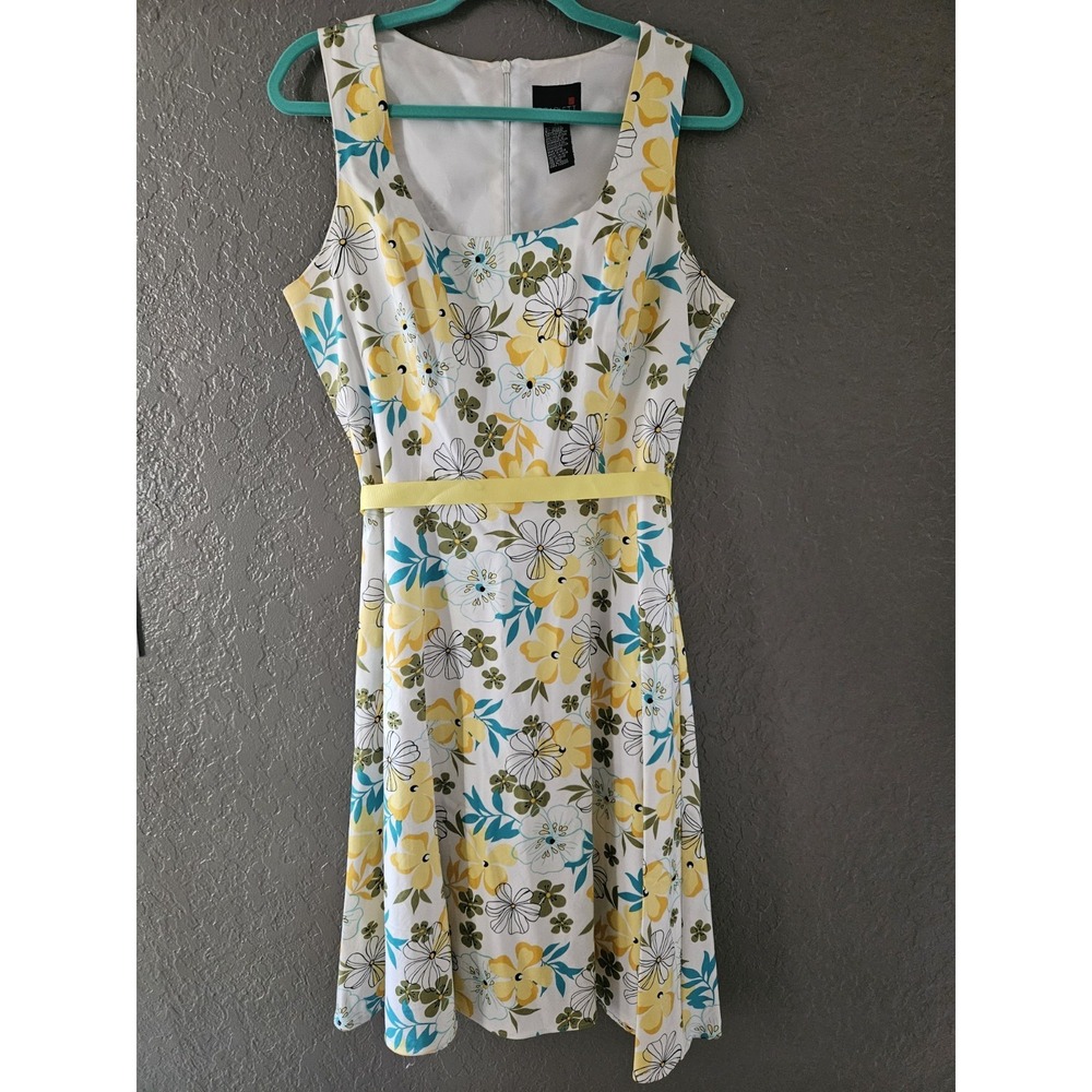 Vintage Scarlett Floral Fit Flare Sun Dress Large 14 Yellow Teal Flower Belted